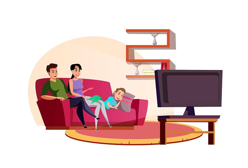rodzina siedzi na sofie i ogląda film w telewizji